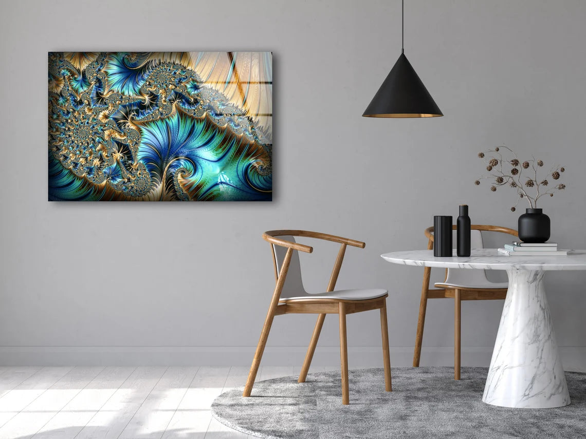 Green Blue & Gold Abstract Fractal Design Acrylic Glass Print Tempered Glass Wall Art 100% Made in Australia Ready to Hang