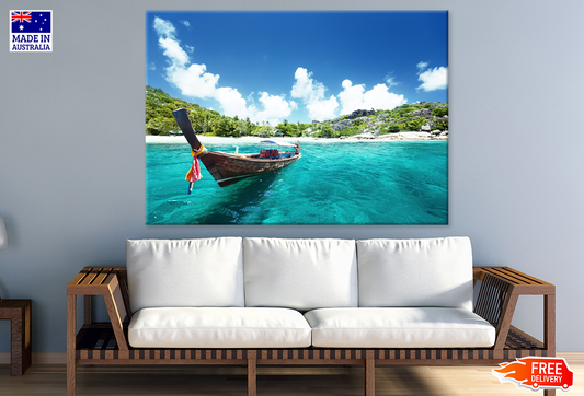 Boat On Sea & Trees Mountain View Print 100% Australian Made