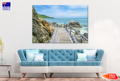 Wooden Pier & Mountain Sea View Photograph Print 100% Australian Made