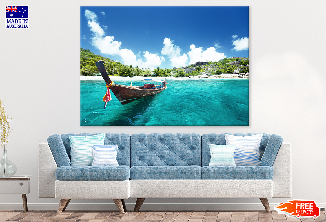 Boat On Sea & Trees Mountain View Print 100% Australian Made