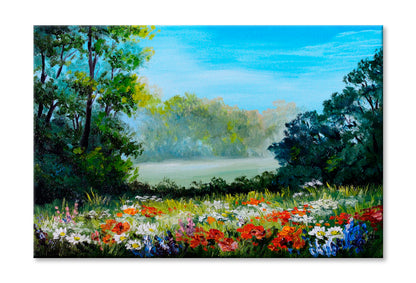 Field With Flowers & Forest Abstract Drawing Wall Art Limited Edition High Quality Print Stretched Canvas None