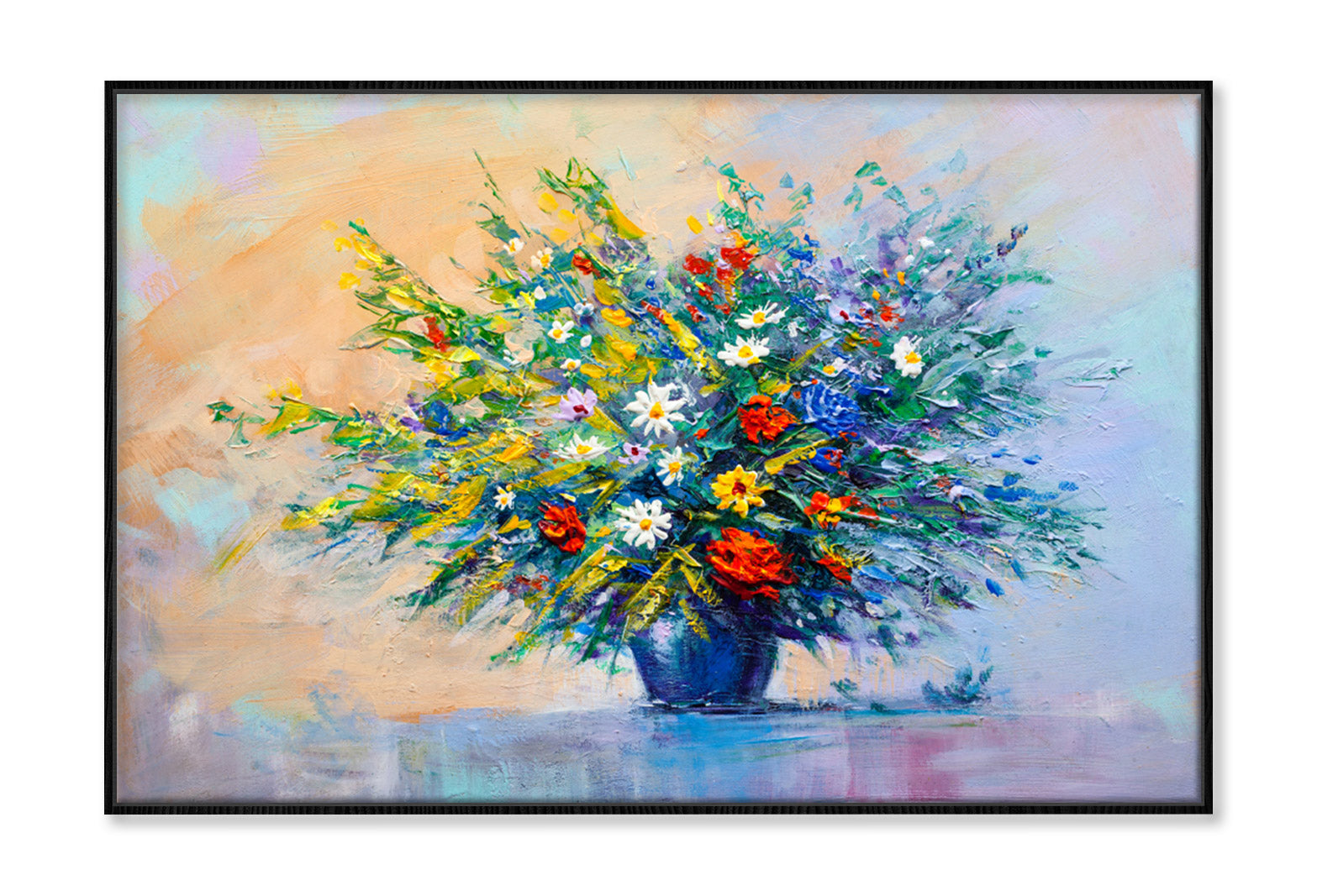 Flowers with Plants Vase Oil Painting Wall Art Limited Edition High Quality Print Canvas Box Framed Black