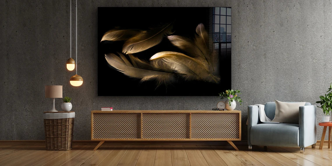 Brown Feathers on Dark Print Tempered Glass Wall Art 100% Made in Australia Ready to Hang