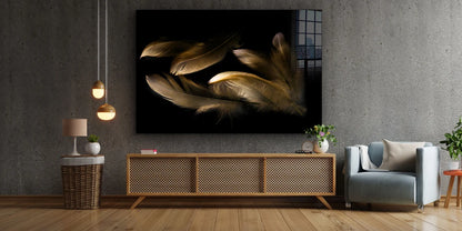 Brown Feathers on Dark Print Tempered Glass Wall Art 100% Made in Australia Ready to Hang