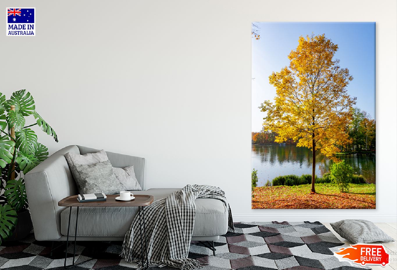 Yellow Autumn Tree near Lake View Photograph Print 100% Australian Made