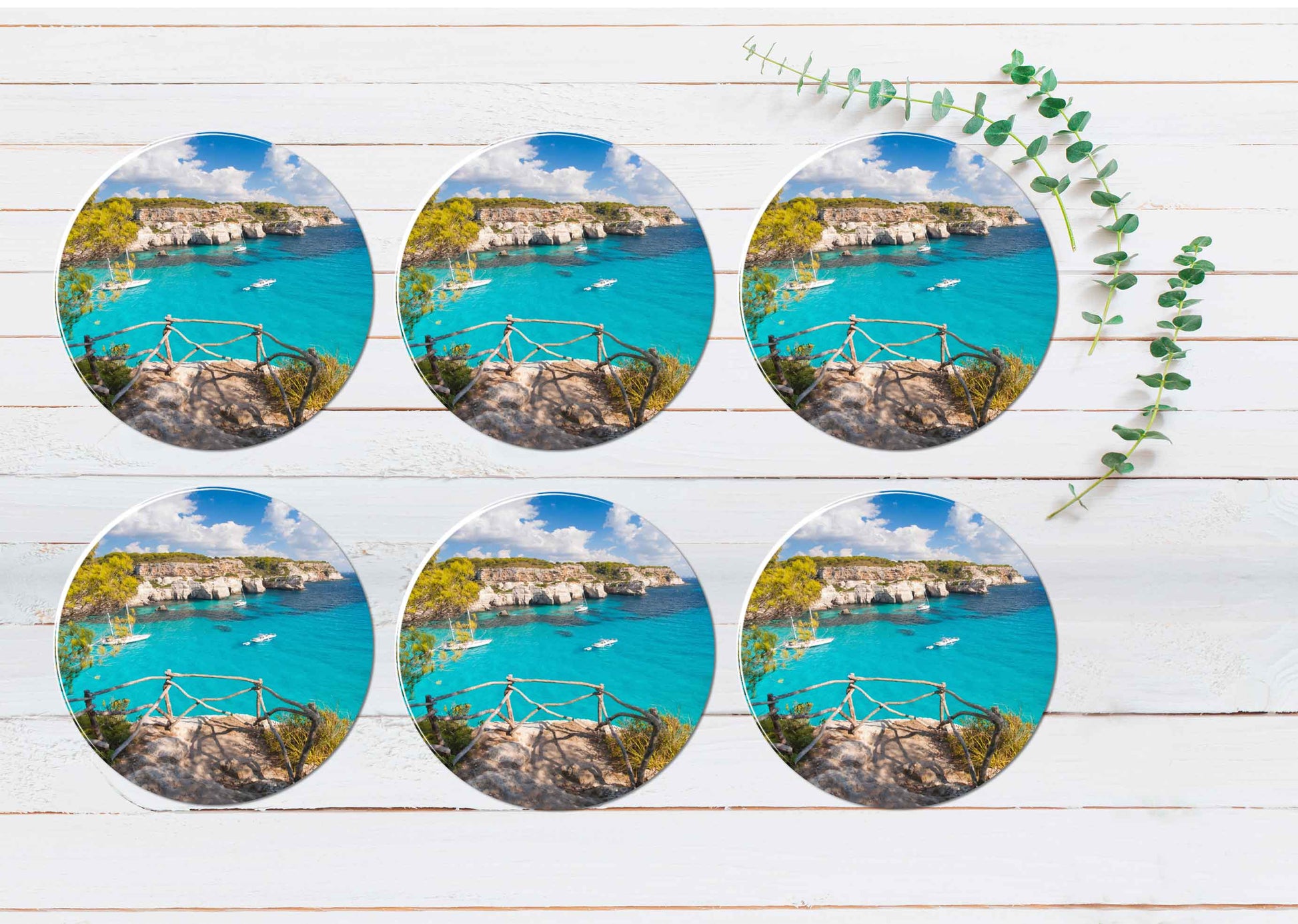 Cala Macarella Mediterranean Sea Coasters Wood & Rubber - Set of 6 Coasters