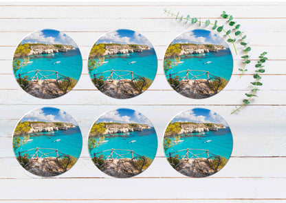 Cala Macarella Mediterranean Sea Coasters Wood & Rubber - Set of 6 Coasters