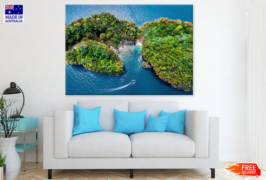 Nature Mountain & Boat On Sea Aerial View Print 100% Australian Made