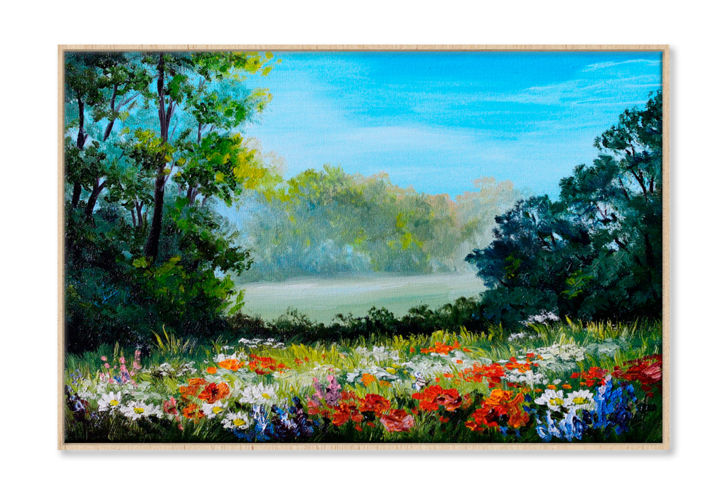 Field With Flowers & Forest Abstract Drawing Wall Art Limited Edition High Quality Print Canvas Box Framed Natural