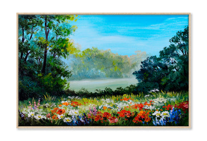 Field With Flowers & Forest Abstract Drawing Wall Art Limited Edition High Quality Print Canvas Box Framed Natural