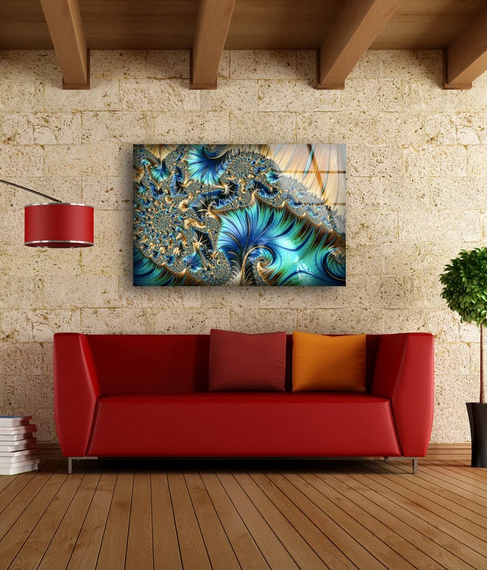 Green Blue & Gold Abstract Fractal Design Acrylic Glass Print Tempered Glass Wall Art 100% Made in Australia Ready to Hang