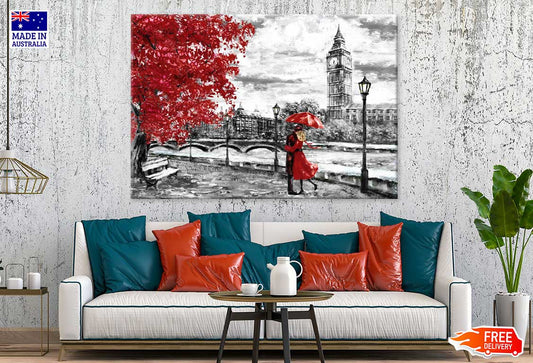 Red Couple near Big Ben B&W Painting Print 100% Australian Made