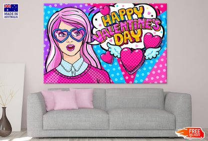 Happy Valentine's Day Quote With Young Girl Wearing Heart Shaped Glasses Illustration Print 100% Australian Made
