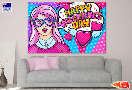 Happy Valentine's Day Quote With Young Girl Wearing Heart Shaped Glasses Illustration Print 100% Australian Made