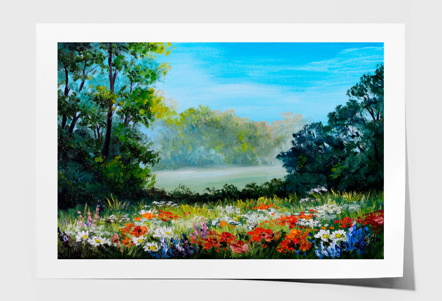 Field With Flowers & Forest Abstract Drawing Wall Art Limited Edition High Quality Print Unframed Roll Canvas None