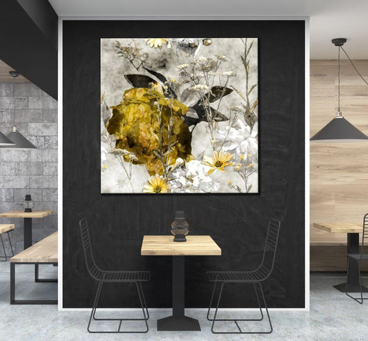 Square Canvas Black & Gold Floral Painting High Quality Print 100% Australian Made