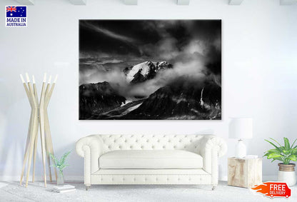 Snowy Mountain with Clouds B&W Photograph Print 100% Australian Made