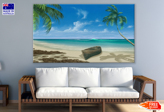 Palm Trees & Boat On Sea Shore View Print 100% Australian Made