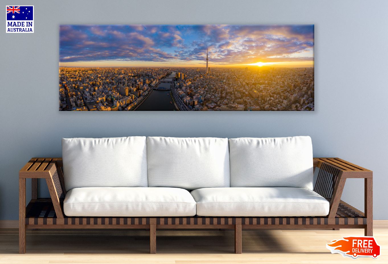 Panoramic Canvas Tokyo City & Sumida River View Photograph High Quality 100% Australian Made Wall Canvas Print Ready to Hang