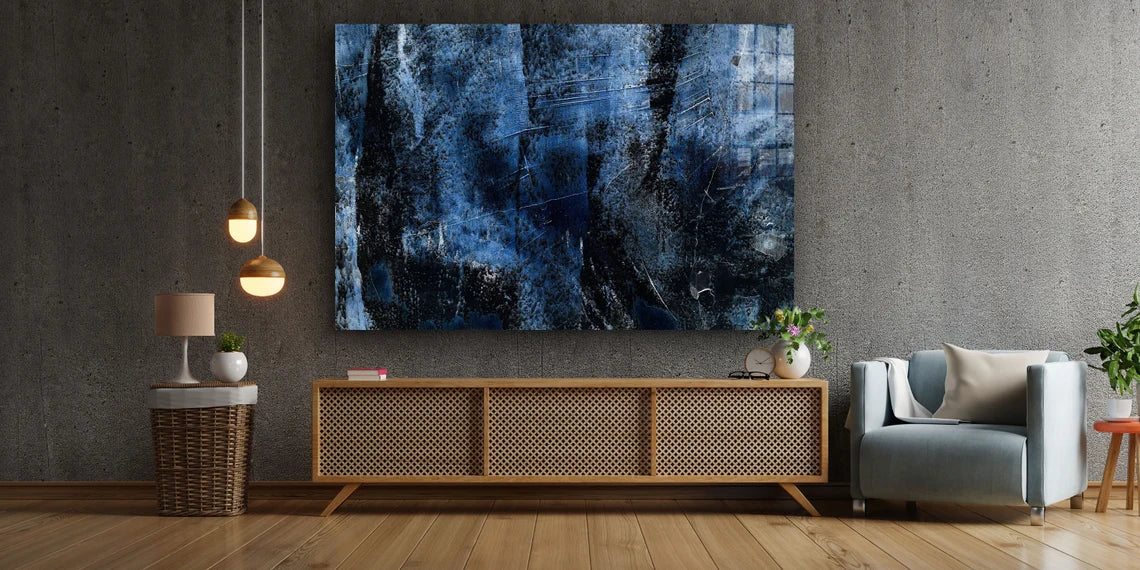 Blue Black Abstract Print Tempered Glass Wall Art 100% Made in Australia Ready to Hang