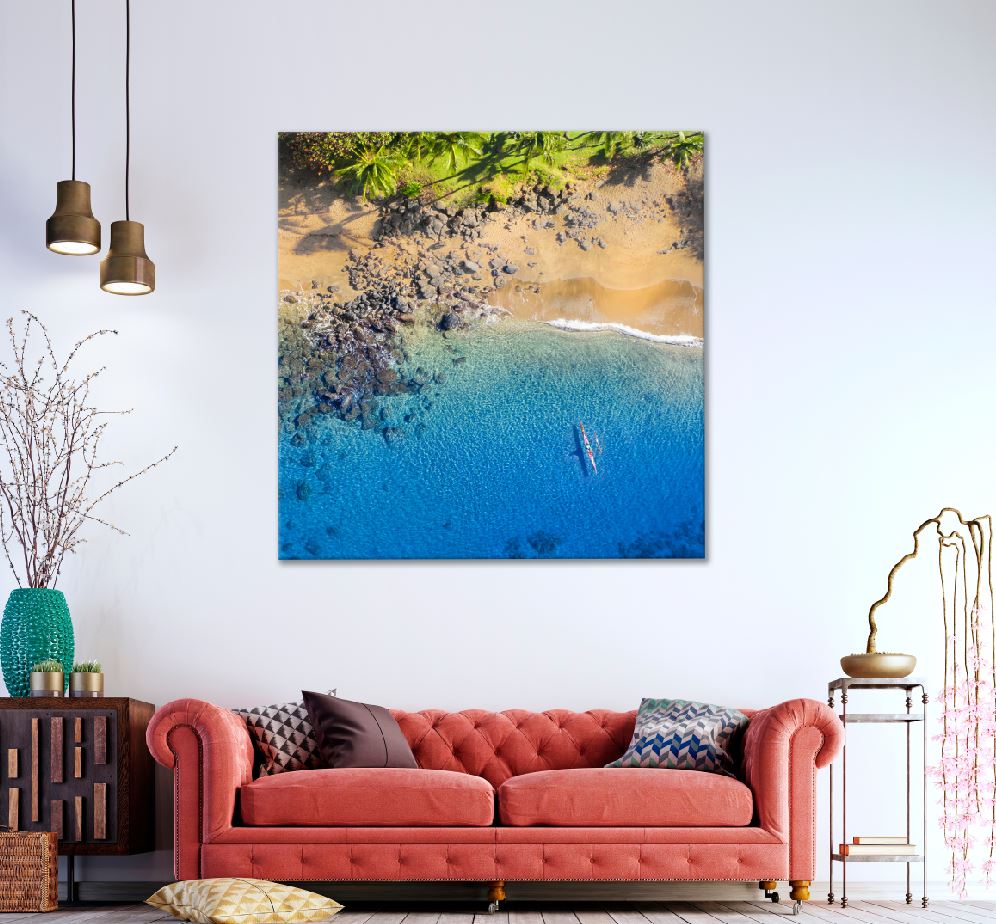 Square Canvas Blue Beach with Stone Aerial View Photograph High Quality Print 100% Australian Made