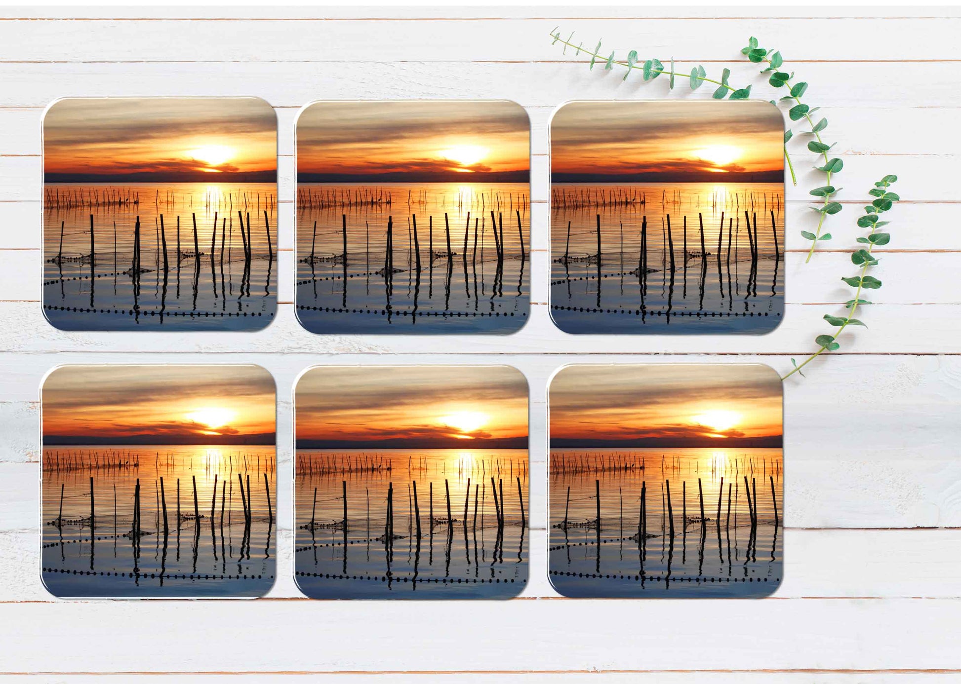 Sunset Sky & Fishing net on Lake View Coasters Wood & Rubber - Set of 6 Coasters