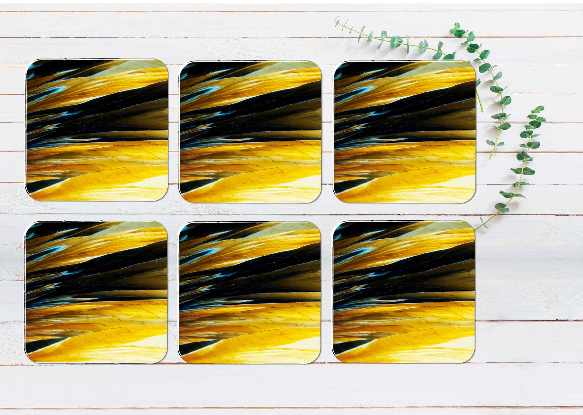 Feather Gold Abstract Coasters Wood & Rubber - Set of 6 Coasters