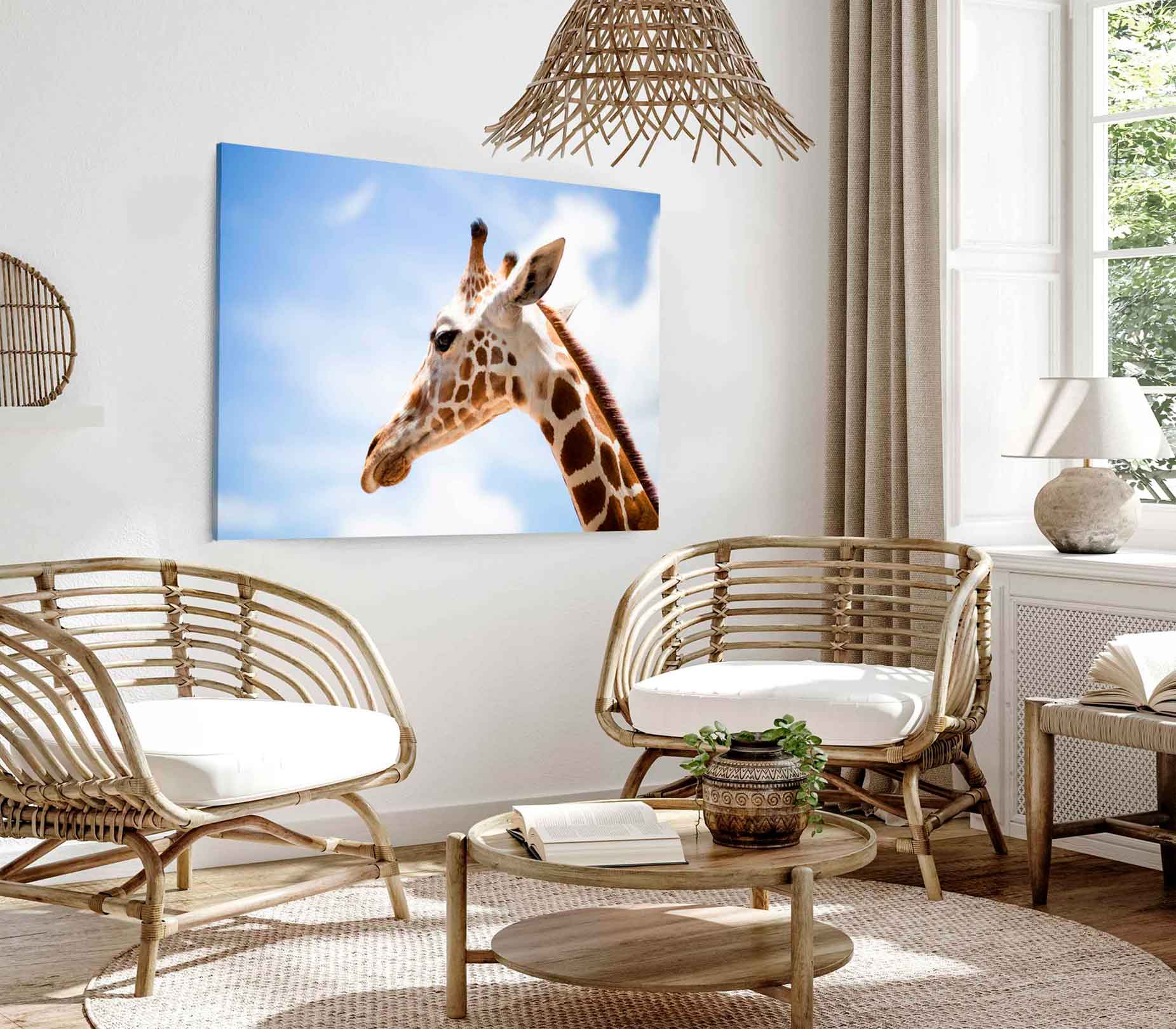 Bella Home Giraffe Closeup View & Blue Sky Print Canvas Ready to hang