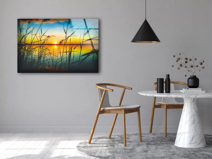 Grass Near Lake Sunset Scenery Photograph Acrylic Glass Print Tempered Glass Wall Art 100% Made in Australia Ready to Hang