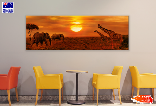 Panoramic Canvas Elephants & Giraffes Walking in Sunset High Quality 100% Australian made wall Canvas Print ready to hang