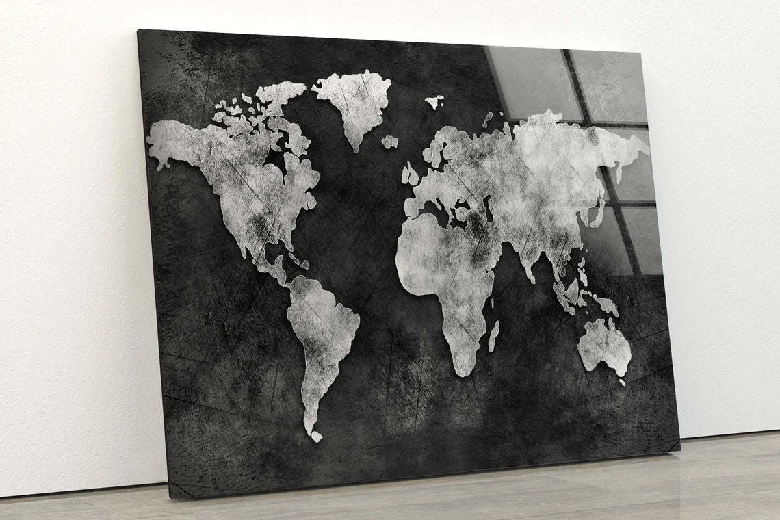 B&W Vintage World Map Acrylic Glass Print Tempered Glass Wall Art 100% Made in Australia Ready to Hang