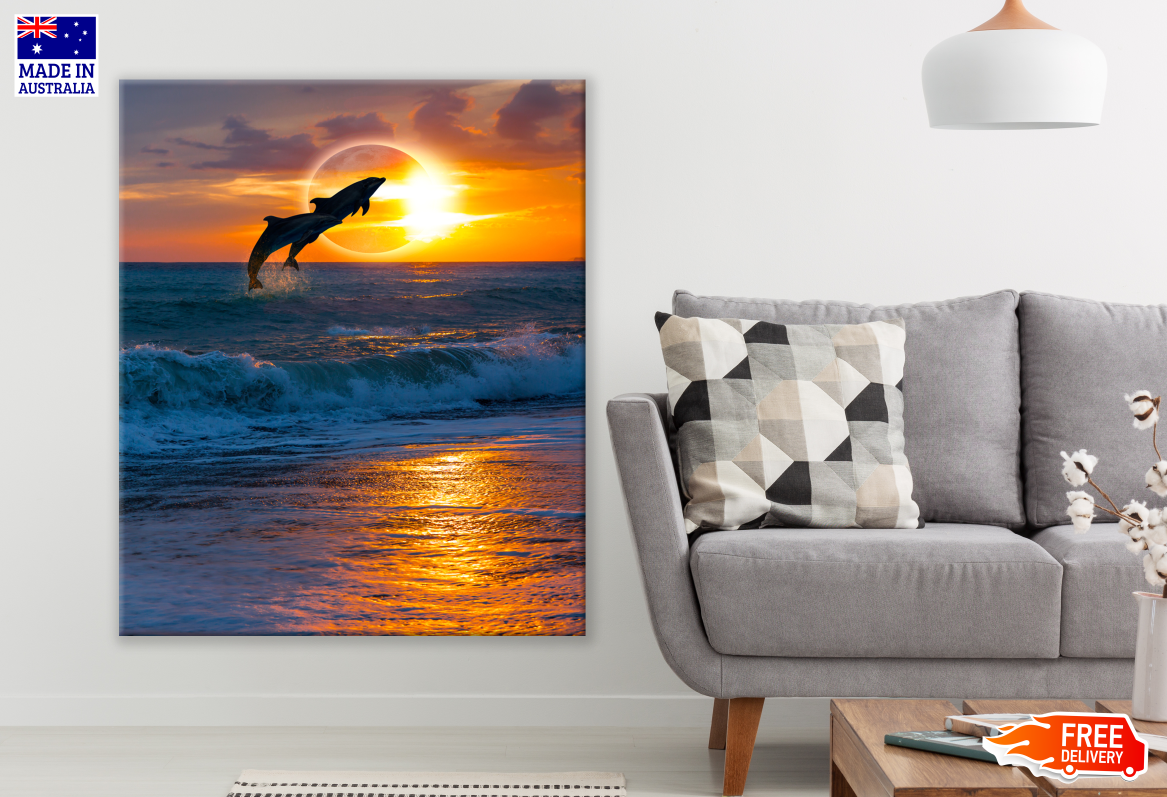 Dolphins Jumping Out of Sea Over A Beautiful Sunset Photograph Print 100% Australian Made