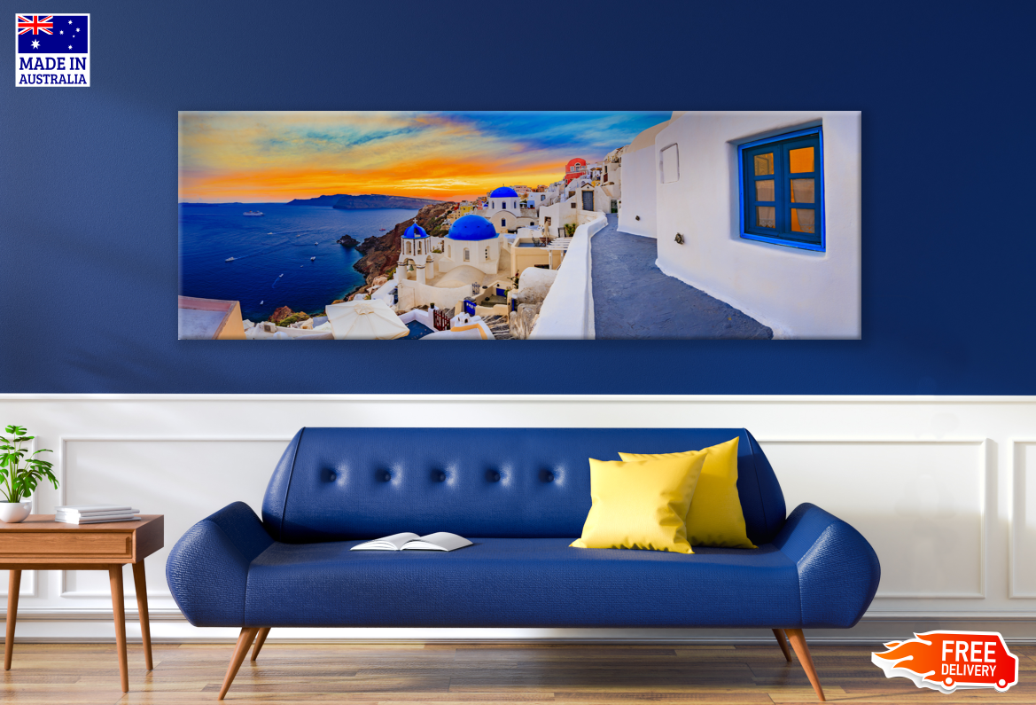 Panoramic Canvas Greece Stunning Houses View High Quality 100% Australian made wall Canvas Print ready to hang