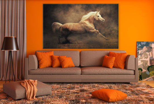 White Wild Horse Gallop in Dust Painting Print 100% Australian Made