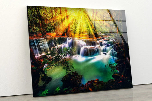 Sunrays on Autumn Forest Waterfall Photograph Acrylic Glass Print Tempered Glass Wall Art 100% Made in Australia Ready to Hang