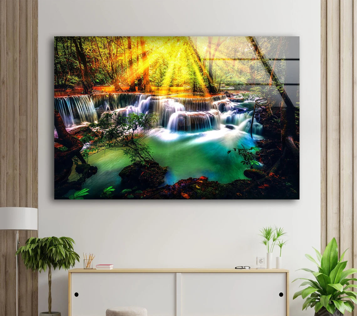 Sunrays on Autumn Forest Waterfall Photograph Acrylic Glass Print Tempered Glass Wall Art 100% Made in Australia Ready to Hang