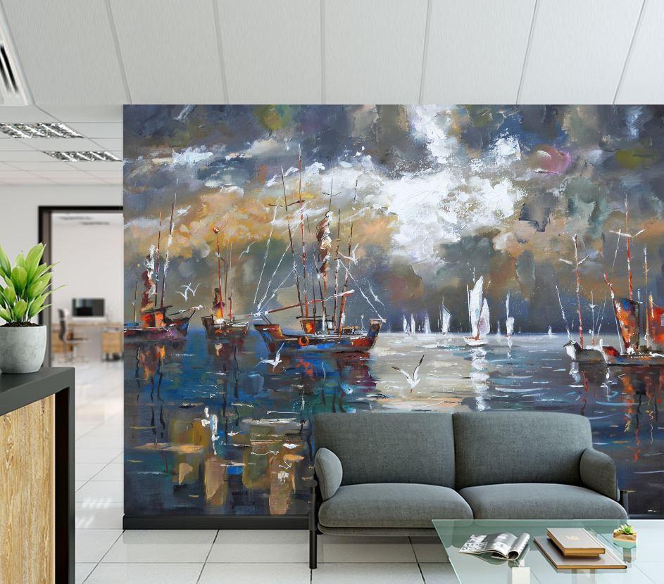 Wallpaper Murals Peel and Stick Removable Watercolor Boats on Sea Painting High Quality