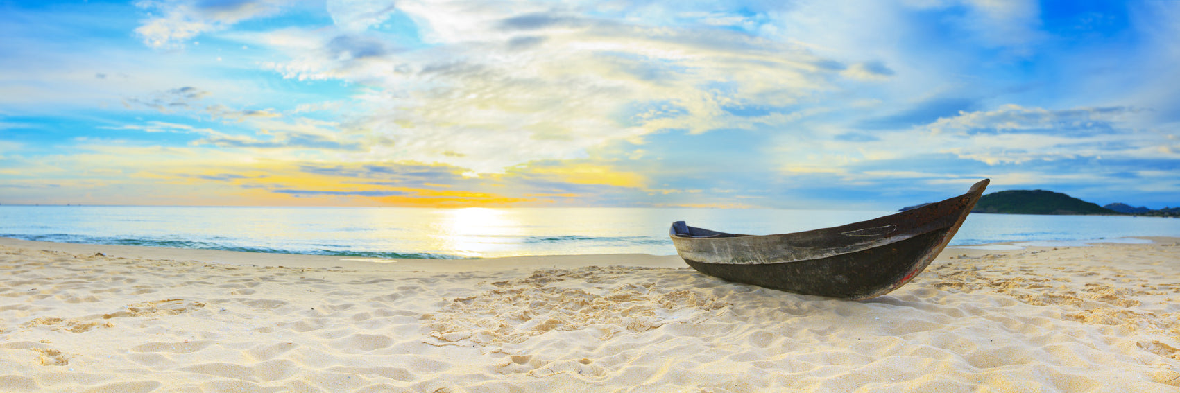 Panoramic Canvas Boat on Beach Sea Scenery Photorgaph High Quality 100% Australian Made Wall Canvas Print Ready to Hang