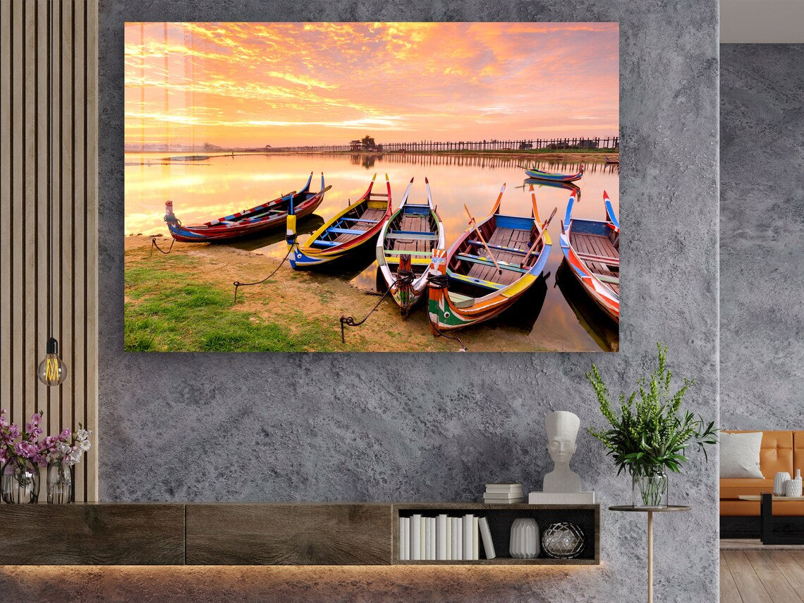 Boats on Lake Sunset Print Tempered Glass Wall Art 100% Made in Australia Ready to Hang