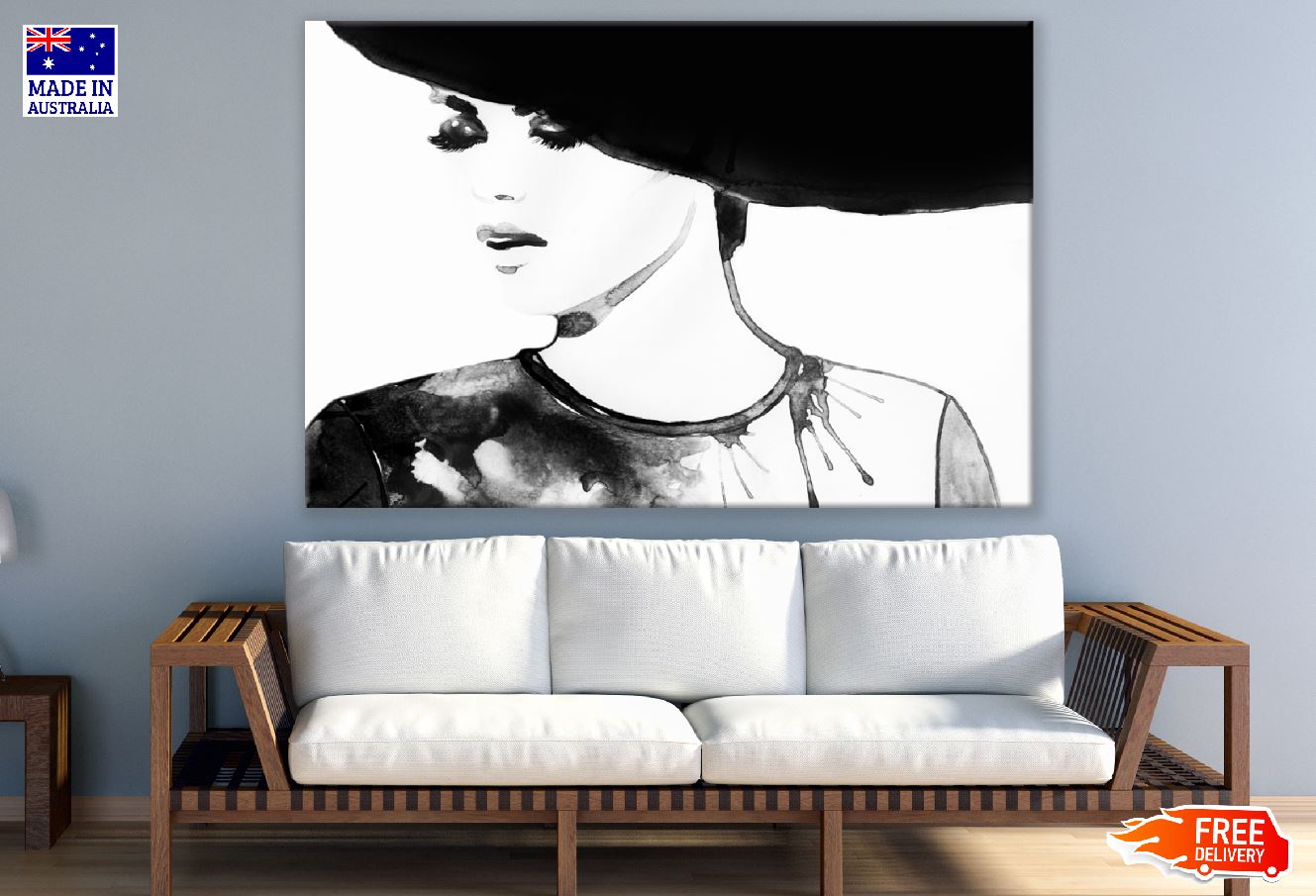 Woman Face with Hat B&W Watercolor Painting Print 100% Australian Made