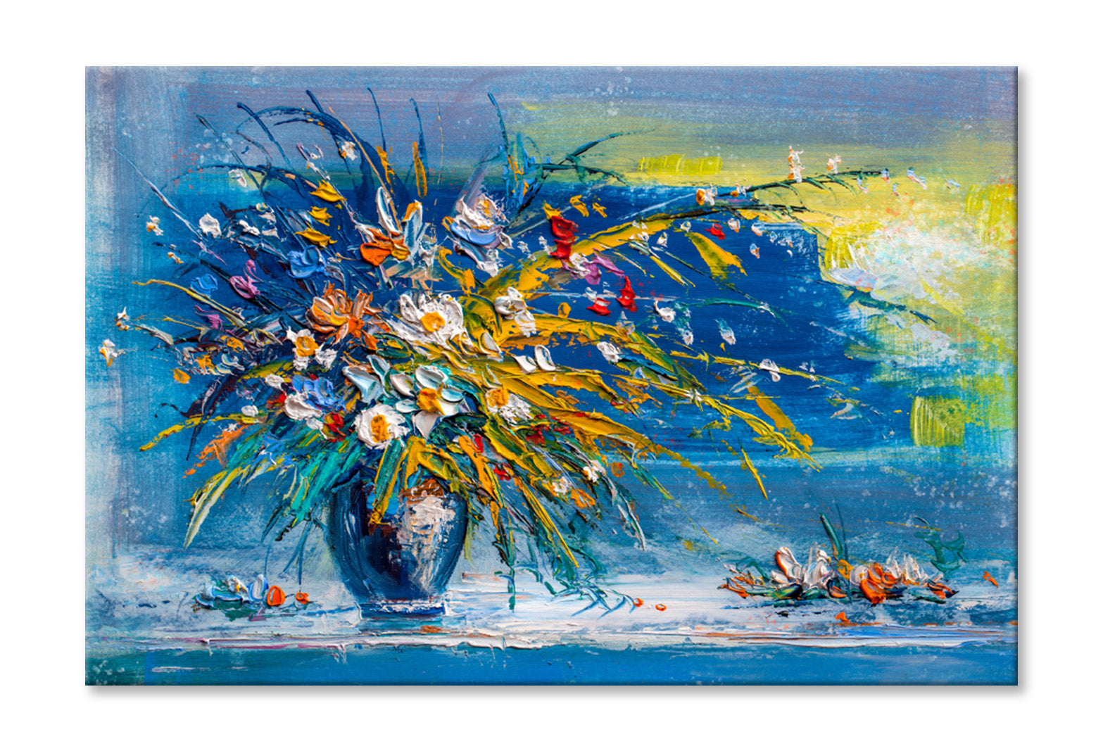 Flowers with Leaves Blue Vase Oil Painting Wall Art Limited Edition High Quality Print Stretched Canvas None