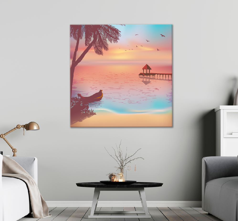 Square Canvas Sunset Tropical Beach Vector Art High Quality Print 100% Australian Made