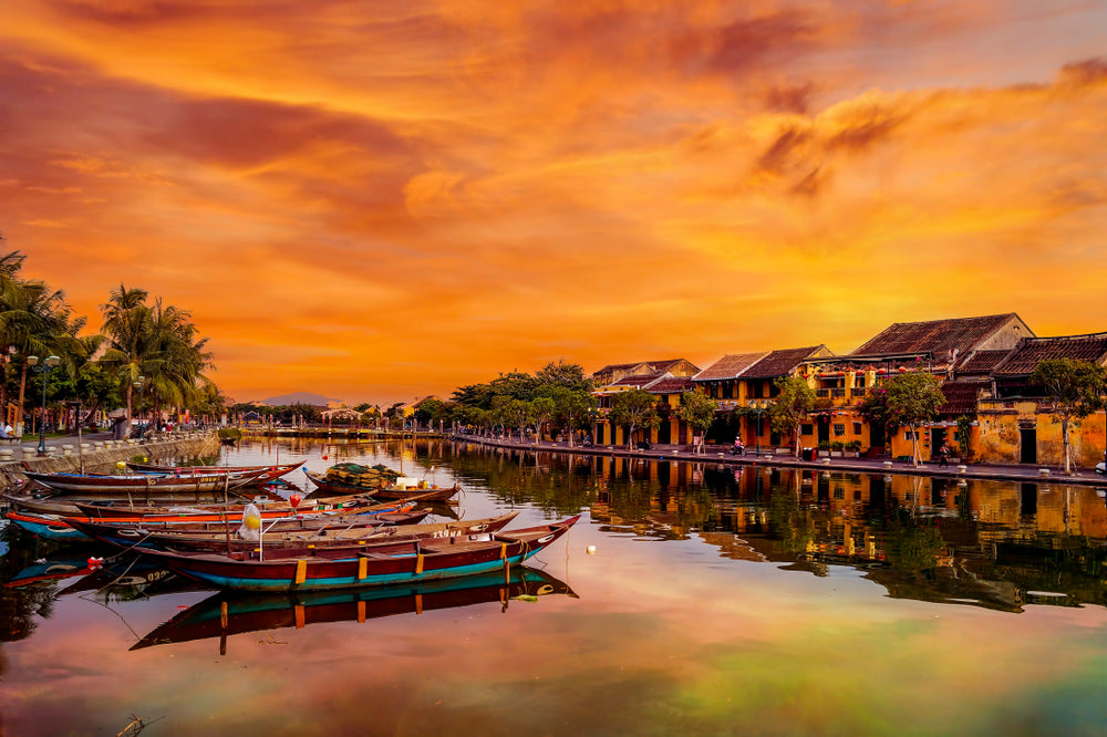 Boats on River Near Houses Sunset Home Decor Premium Quality Poster Print Choose Your Sizes