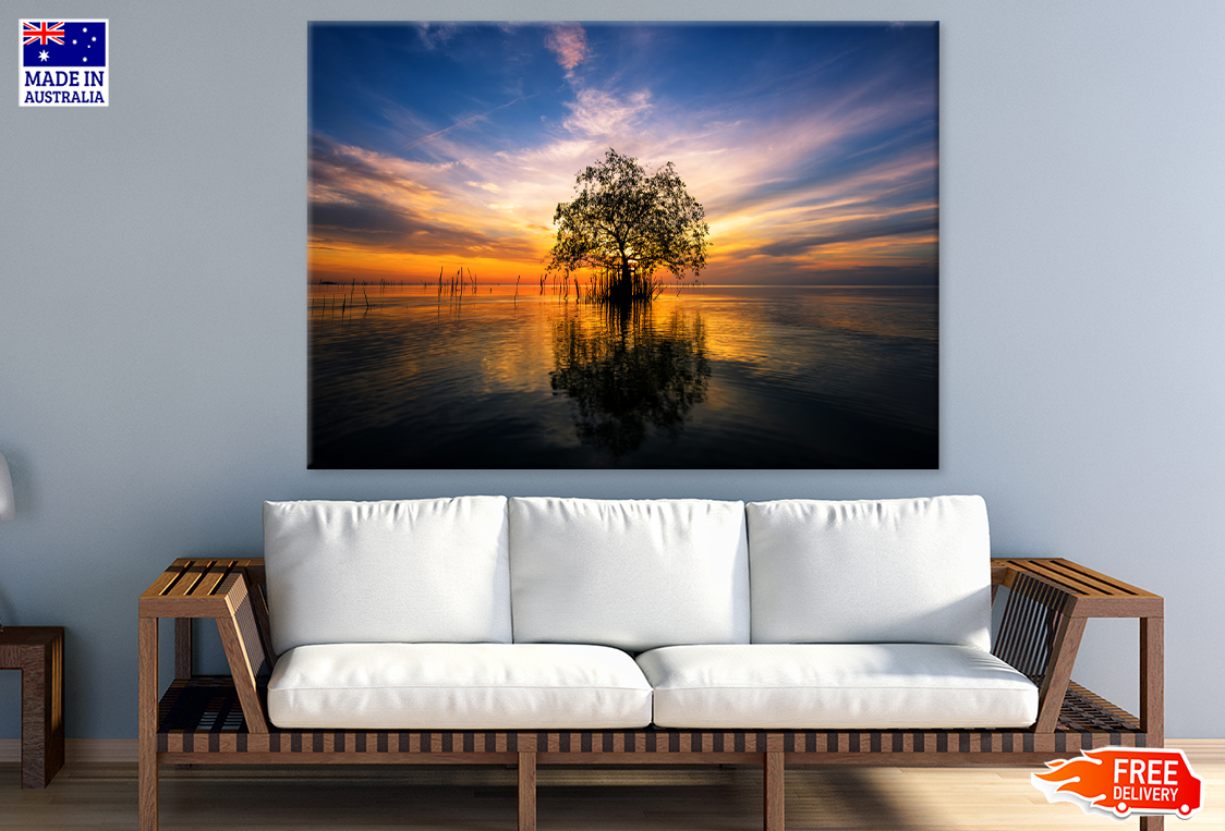 Tree On Lake & Sunset View Photograph Print 100% Australian Made