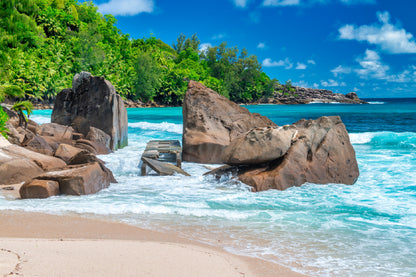 Rocks & Trees on Ocean Photograph Seychelles Home Decor Premium Quality Poster Print Choose Your Sizes