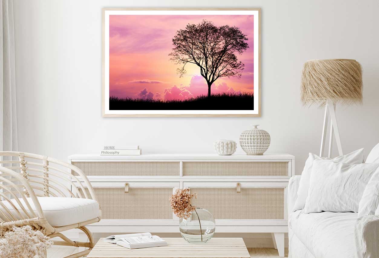 Silhouette Tree & Grass Pink Sky View Photograph Home Decor Premium Quality Poster Print Choose Your Sizes