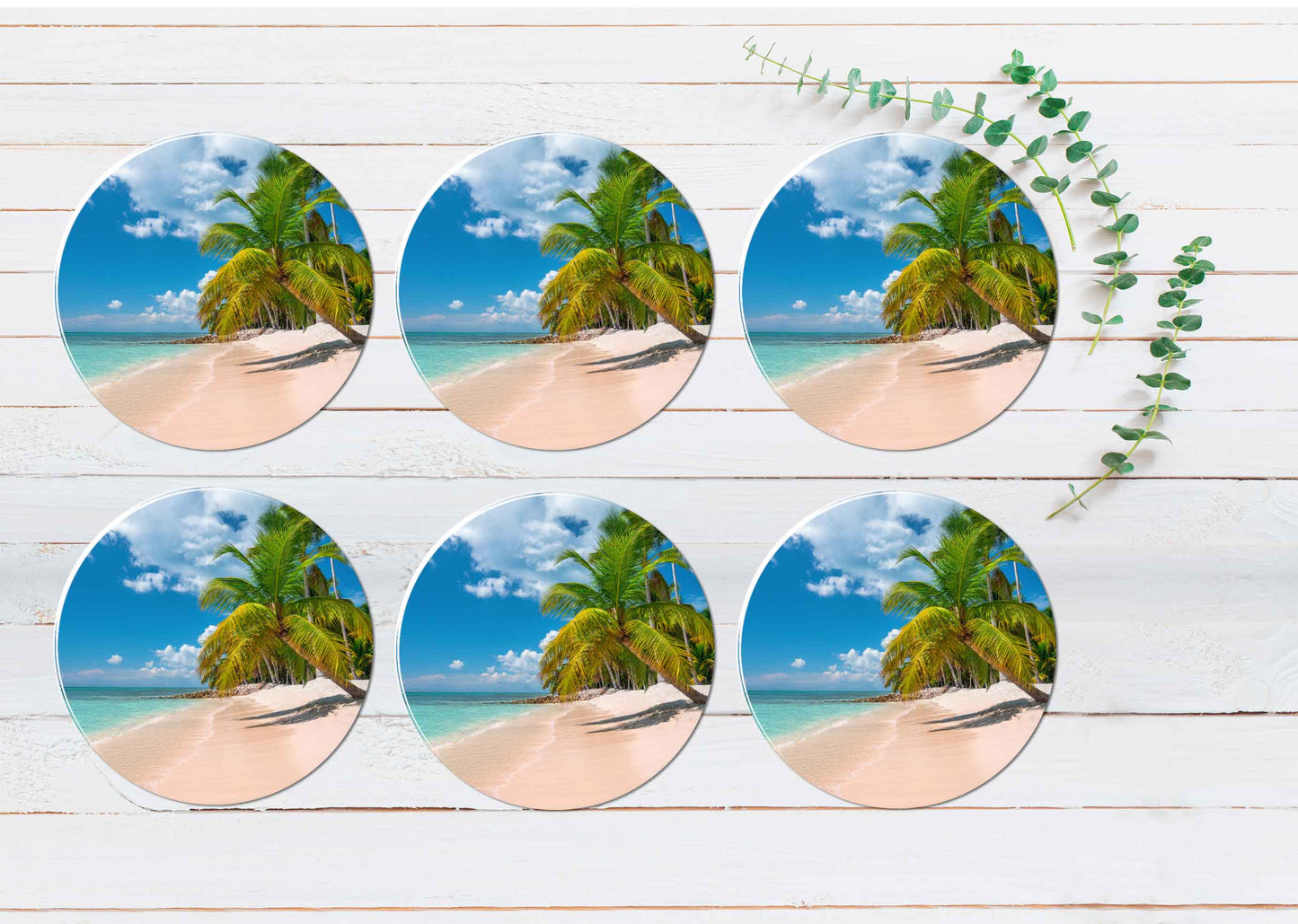 Caribbean Island Palm Trees & Clear Sea Coasters Wood & Rubber - Set of 6 Coasters