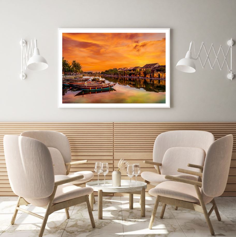 Boats on River Near Houses Sunset Home Decor Premium Quality Poster Print Choose Your Sizes