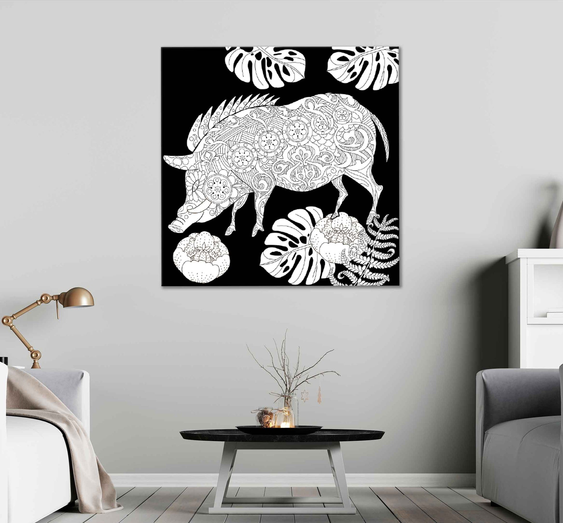 Square Canvas Leaves Pig on Dark B&W Vector High Quality Print 100% Australian Made