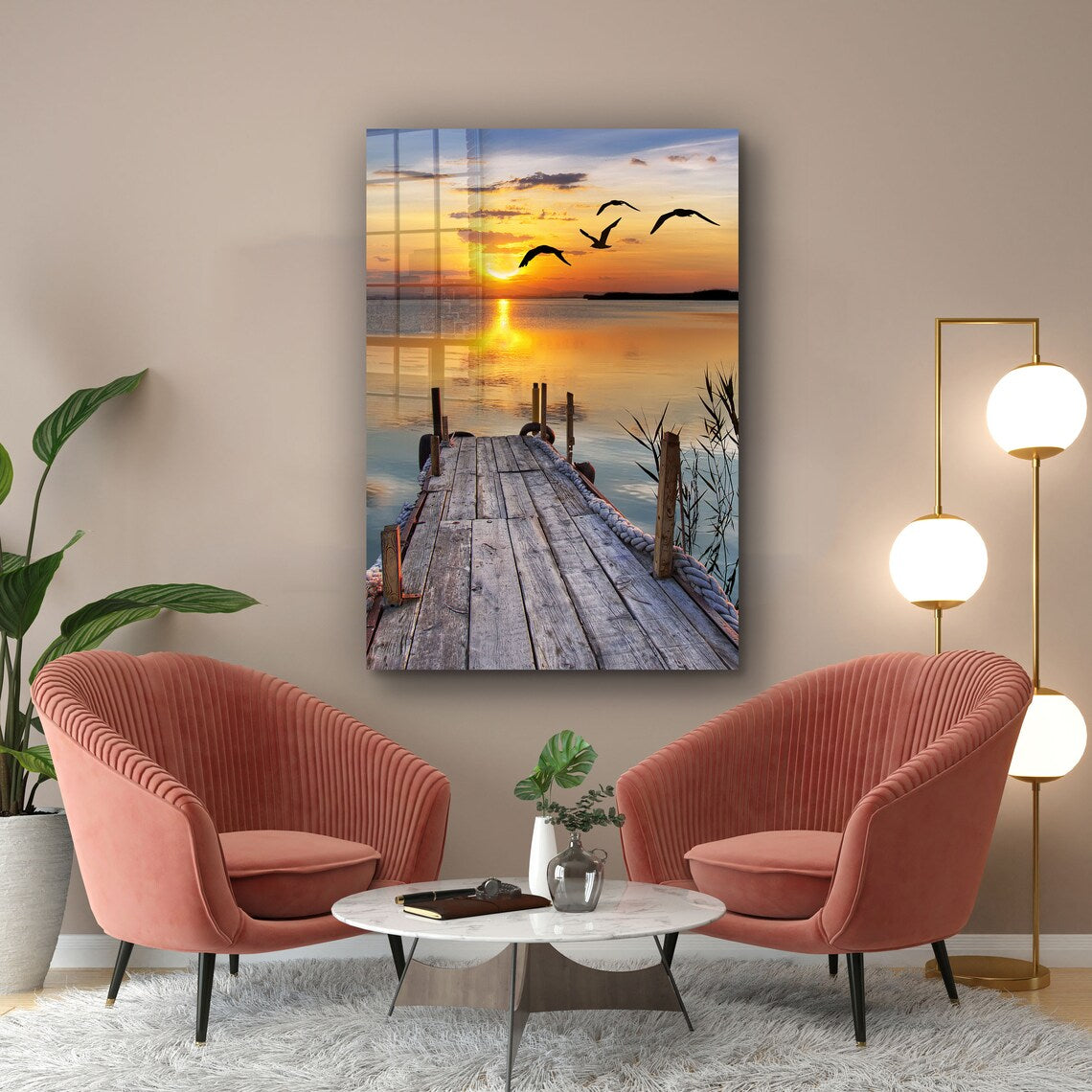 Sunset Dock & Lake View Print Tempered Glass Wall Art 100% Made in Australia Ready to Hang